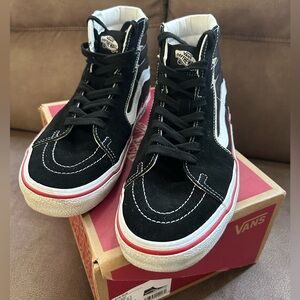 Vans Black and White High-Tops with Red Trim